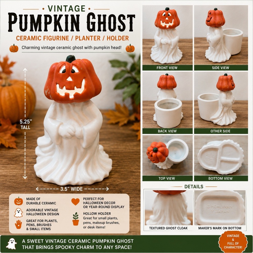 Vintage 1984 Ceramic Pumpkin Ghost Figurine Planter Halloween Decor Japan 5.25"
